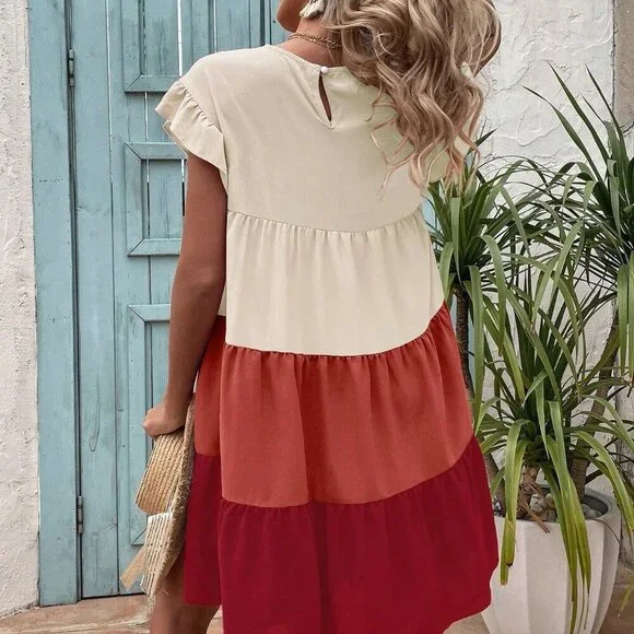 Multicolor boho Women's Colorblock Round Neck Casual Loose Mini Dress - Picture 2 of 6